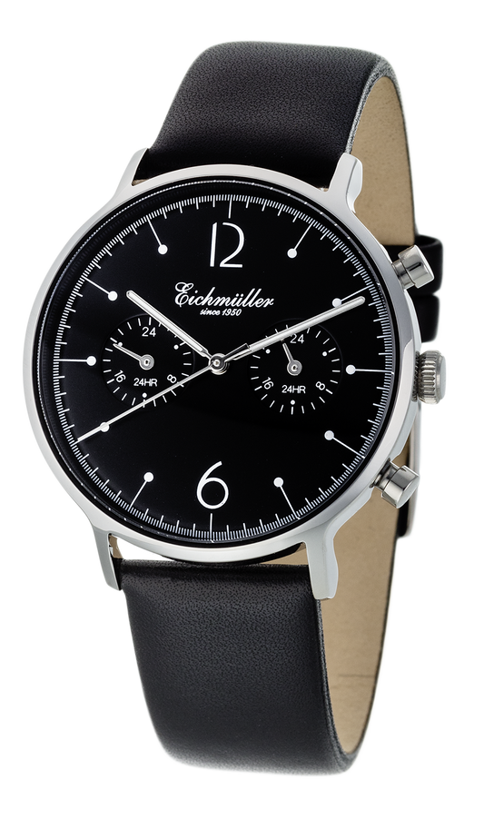 Montre Homme Chronographe Noir – Édition Acier – Eichmüller x Crescendo | Double fuseau horaire | Quartz Japonais – Cuir Noir Véritable