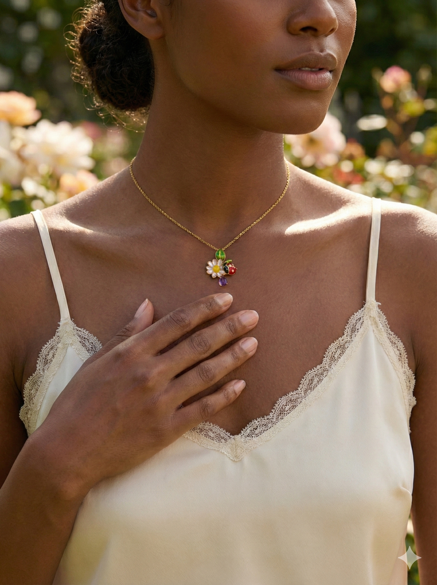 DIOR – Pendentif « Fleurs & Coccinelle » | Or 18K | Émail & Améthyste | 6,7 g