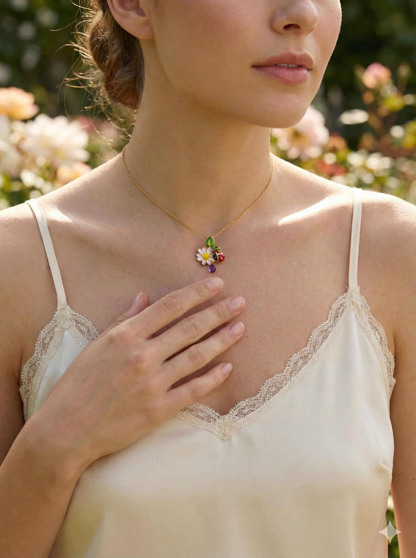 DIOR – Pendentif « Fleurs & Coccinelle » | Or 18K | Émail & Améthyste | 6,7 g