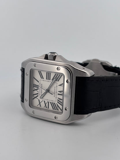 Cartier – Santos 100 | Acier | Automatique | Bracelet cuir | Excellent état