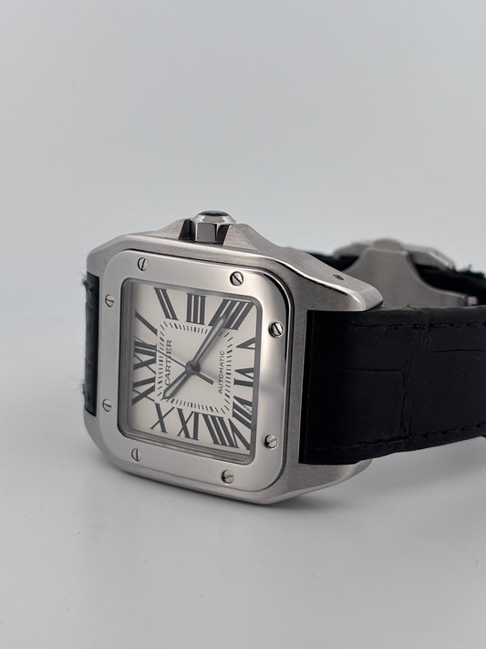 Cartier – Santos 100 | Acier | Automatique | Bracelet cuir | Excellent état