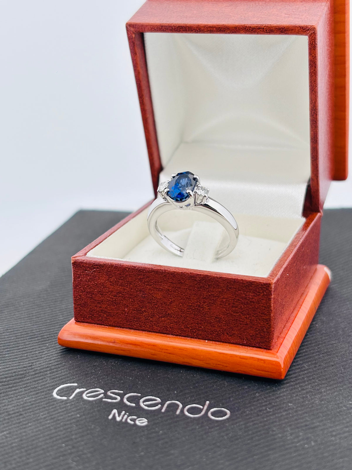 Bague Solitaire Saphir Ovale & Diamants en Or Blanc 18K