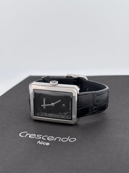 CHANEL | Montre Boy·Friend | Acier | Cadran noir laqué | Bracelet cuir alligator noir