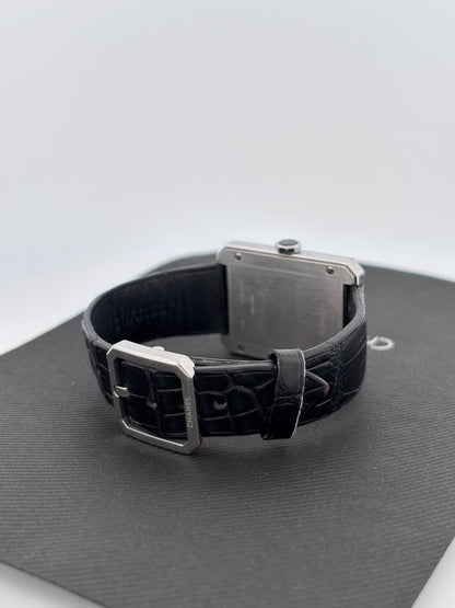 CHANEL | Montre Boy·Friend | Acier | Cadran noir laqué | Bracelet cuir alligator noir