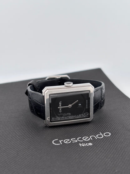 CHANEL | Montre Boy·Friend | Acier | Cadran noir laqué | Bracelet cuir alligator noir