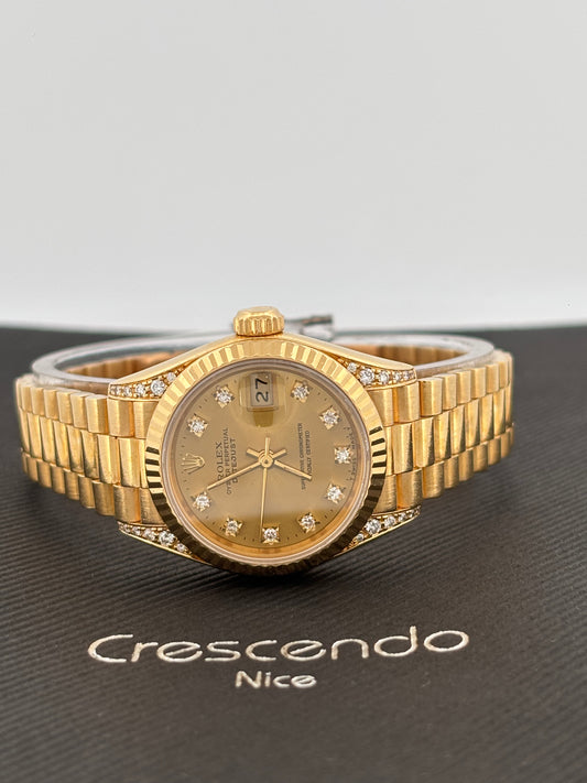 ROLEX – Lady-Datejust | Or jaune 18K | Cadran champagne diamants | Bracelet Président