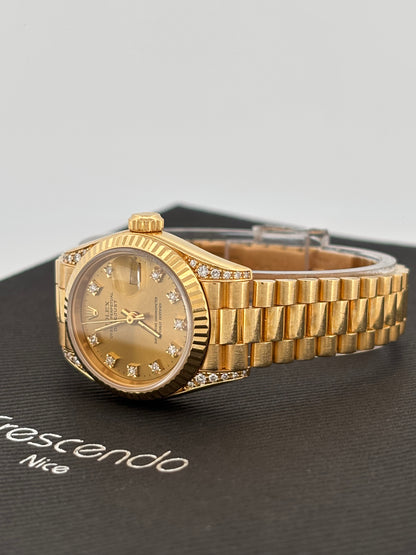 ROLEX – Lady-Datejust | Or jaune 18K | Cadran champagne diamants | Bracelet Président