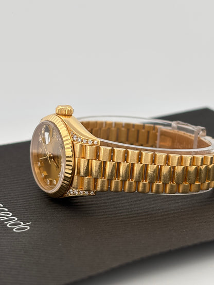 ROLEX – Lady-Datejust | Or jaune 18K | Cadran champagne diamants | Bracelet Président