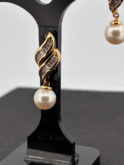 Parure Or 14K – Boucles d’oreilles & Pendentif | Perles du Japon | Diamants baguette