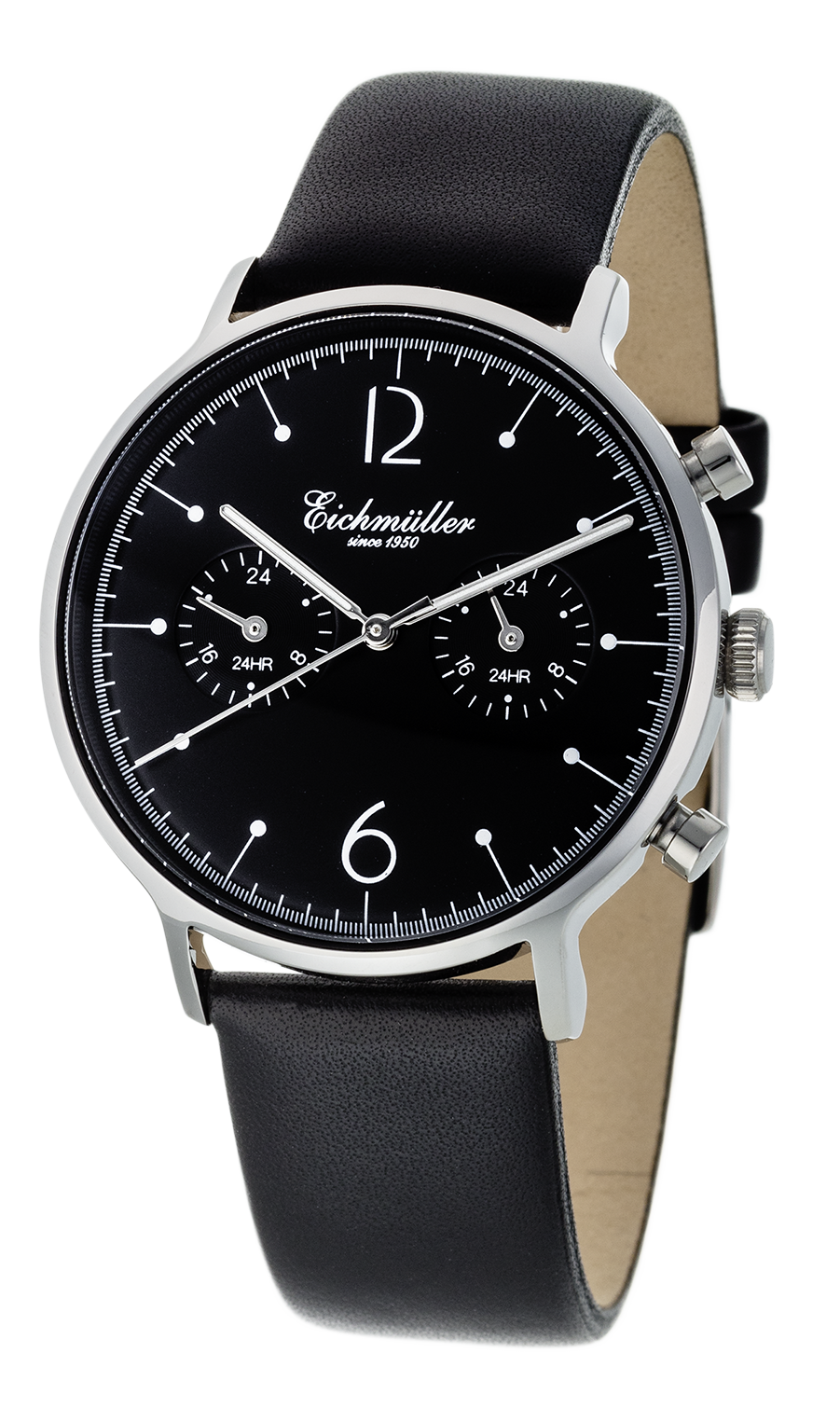 Montre Homme Chronographe Noir – Édition Acier – Eichmüller x Crescendo | Double fuseau horaire | Quartz Japonais – Cuir Noir Véritable