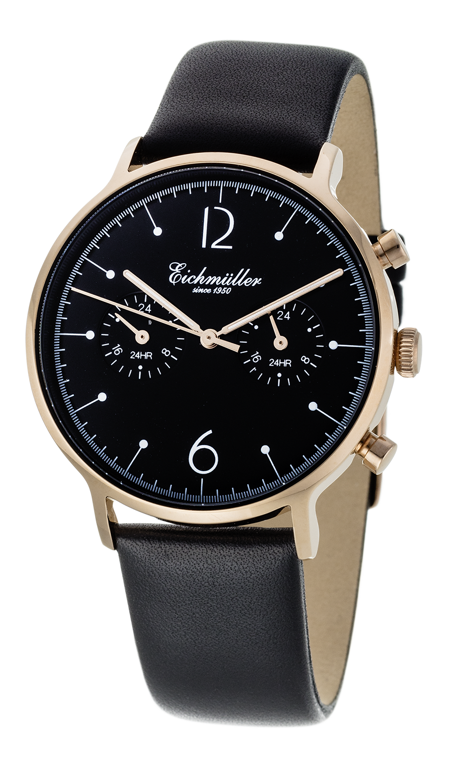 Montre Homme Chronographe Noir – Édition Or – Eichmüller x Crescendo | Double fuseau horaire | Quartz Japonais – Cuir Noir Véritable
