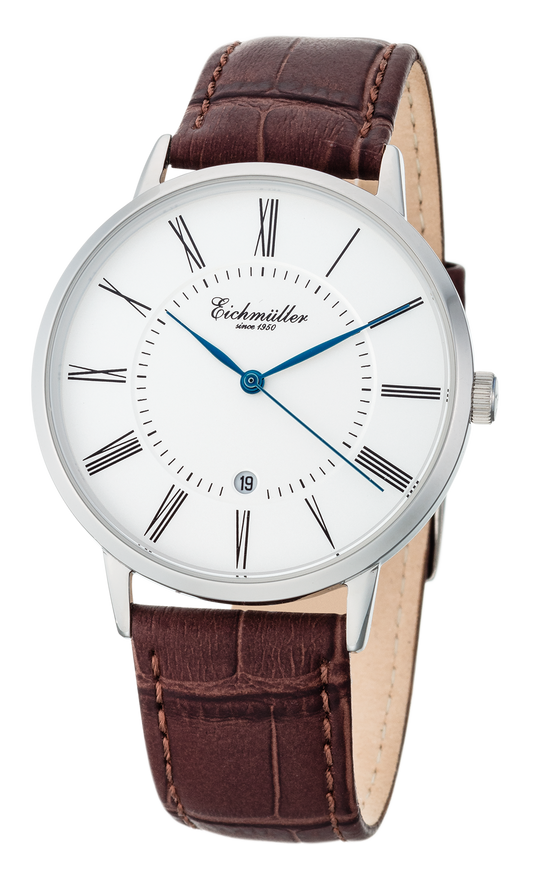 Montre Homme Classique Blanche – Eichmüller x Crescendo | Dateur | Quartz Japonais – Cuir Marron Véritable