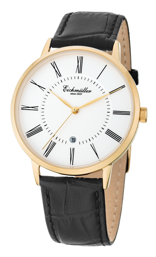 Montre Homme Classique Blanche – Édition Or – Eichmüller x Crescendo | Dateur | Quartz Japonais – Cuir Noir Véritable