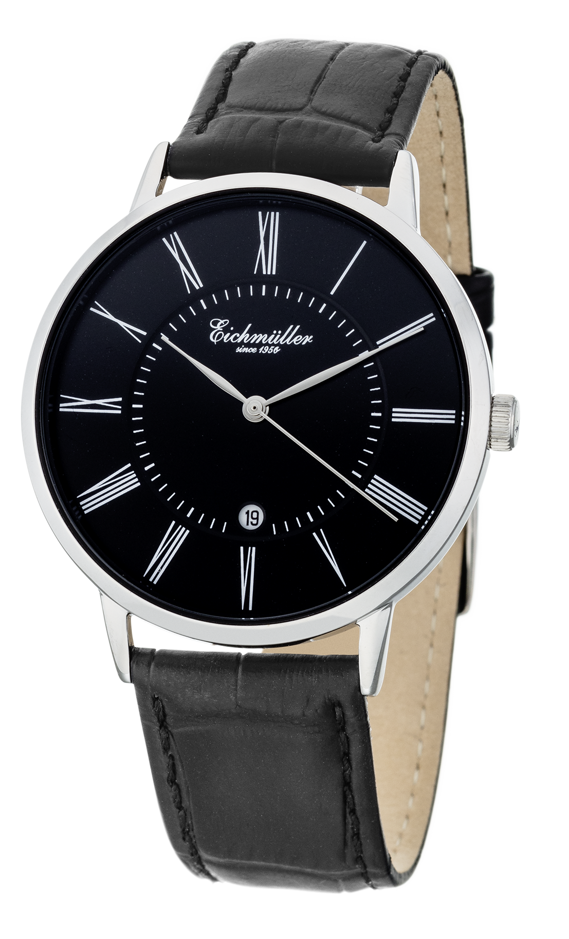 Montre Homme Romain Noire – Eichmüller x Crescendo | Quartz Japonais – Dateur – Cuir Noir Style Croco