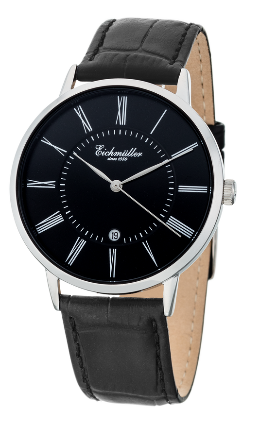 Montre Homme Romain Noire – Eichmüller x Crescendo | Quartz Japonais – Dateur – Cuir Noir Style Croco